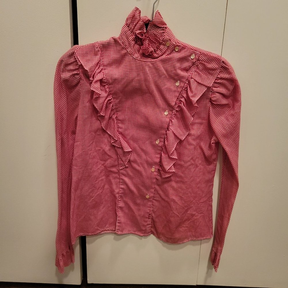 Vintage Cottagecore Ruffle Red Plaid Shirt Small